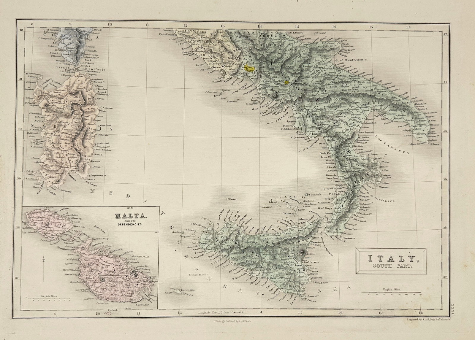 Sidney Hall – Map of Italy (Southern Part) with Malta – Hand-Coloured Engraving (1 of 3)
