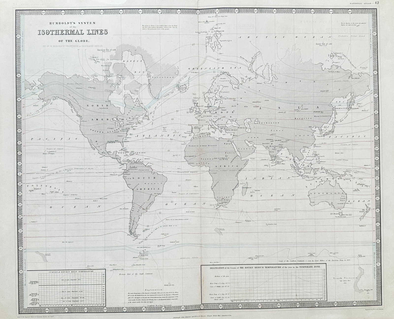 W. & A. K. Johnston – Climate Map of Humboldt’s System of Isothermal Lines of the Globe: This large-format scientific map illustrates Humboldt’s System of Isothermal Lines of the Globe, showing the distribution of global temperatures using isothermal and isochimenal curves. Published ar