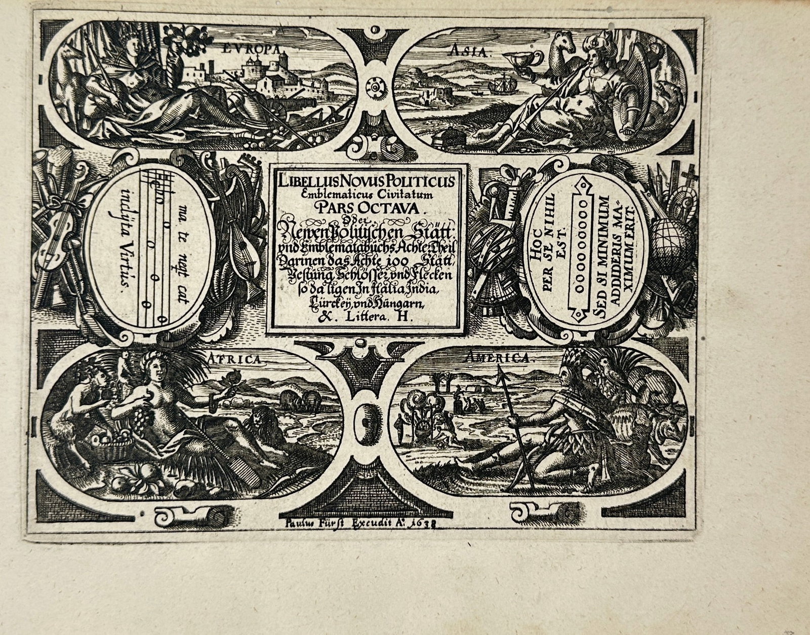 Paulus Fürst – Title Page to Libellus Novus Politicus Emblematicus Civitatum – Etching (1678): This richly emblematic title page, created for Part 8 of Libellus Novus Politicus Emblematicus Civitatum, was published in Nuremberg in 1678. The central rectangular inscription space is framed by two