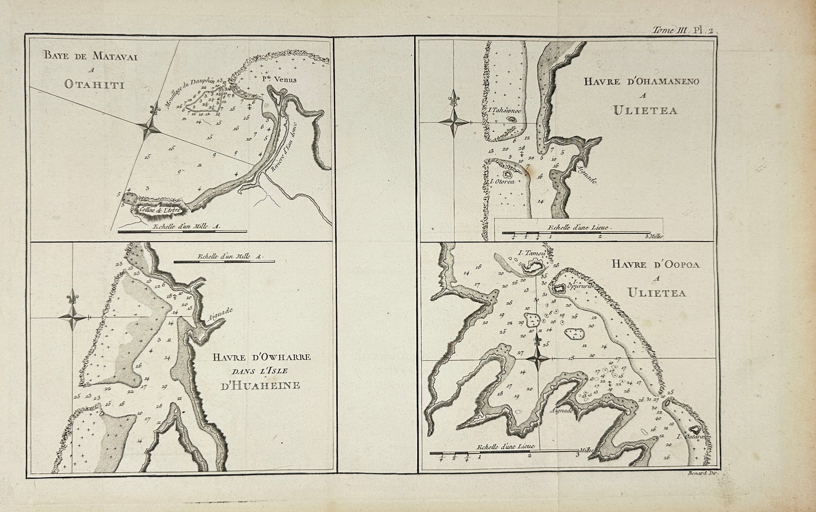 Benard Dir – Nautical Map of Various Harbors in the South Pacific – Engraved Map (18th Century): This detailed nautical map, engraved by Benard Dir, showcases various harbors and bays in the South Pacific. The engraving provides intricate coastline details, navigational markers, and depth measure