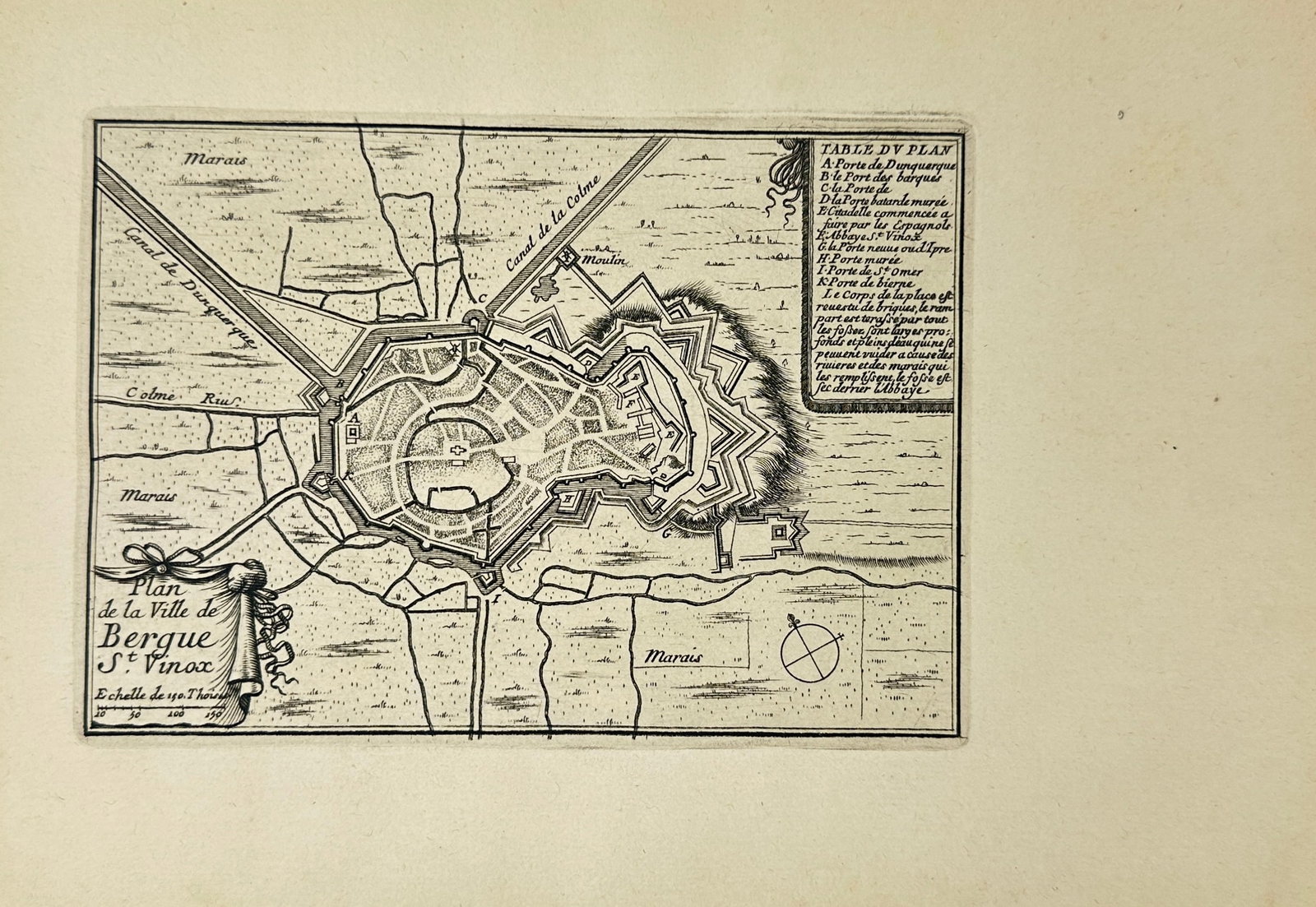 Sébastien Beaulieu - Antique Map of Saint-Winocq - France (1667): This antique map, engraved by Sébastien de Pontault, chevalier de Beaulieu in 1667, depicts the fortified city of Bergues-Saint-Winocq in France. The engraving details the city’s layout, including 