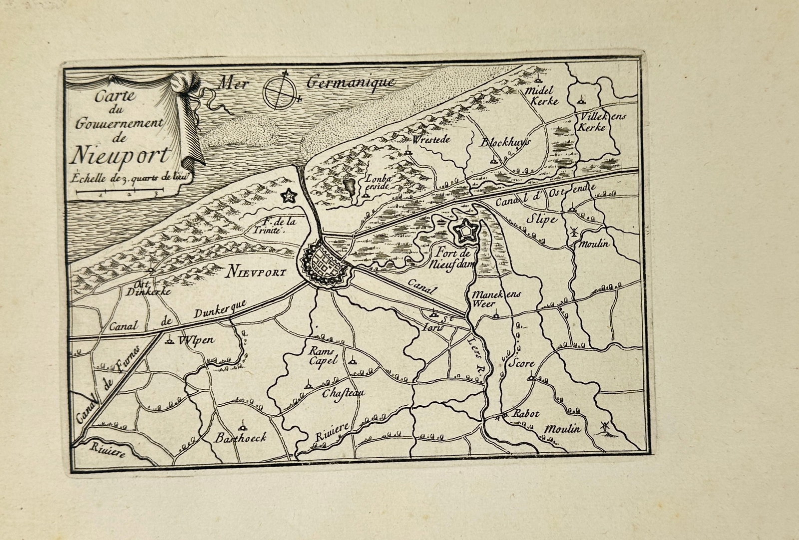 Sébastien Beaulieu - Carte du Gouvernement de Nieuport - France (18th Century): This antique map, engraved by Sr. de Beaurain, depicts the strategic layout of the Nieuport (Nieuwpoort) region in Belgium. The engraving details various geographical features, including canals, river