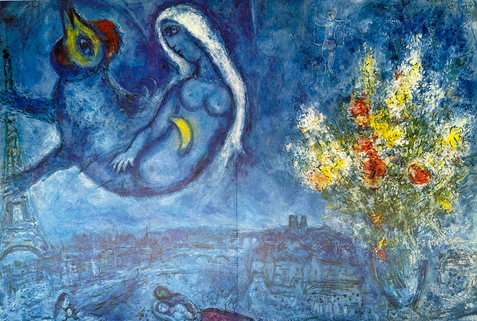 Marc Chagall – Chicken and Bouquet – Colour Lithograph (c.1960): This vibrant lithograph titled Chicken and Bouquet showcases Chagall’s poetic imagination through a surreal nighttime scene of Paris. A floating nude figure rests beside a large blue bird with a hum