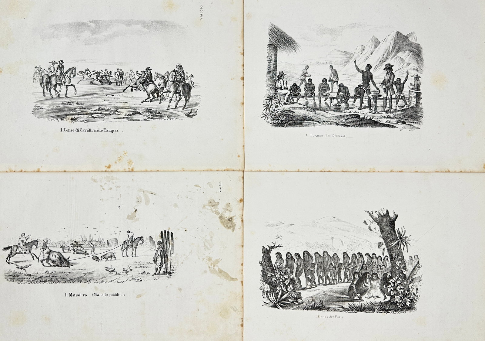 L. Tenré et Henri Dupuy – Set of 4 South American Lithographic Plates – Gaucho Games: This set of four lithographs captures diverse aspects of rural and indigenous life in early 19th-century South America. The illustrations include: 1) A dynamic horse race in the Pampas, 2) Agricultura