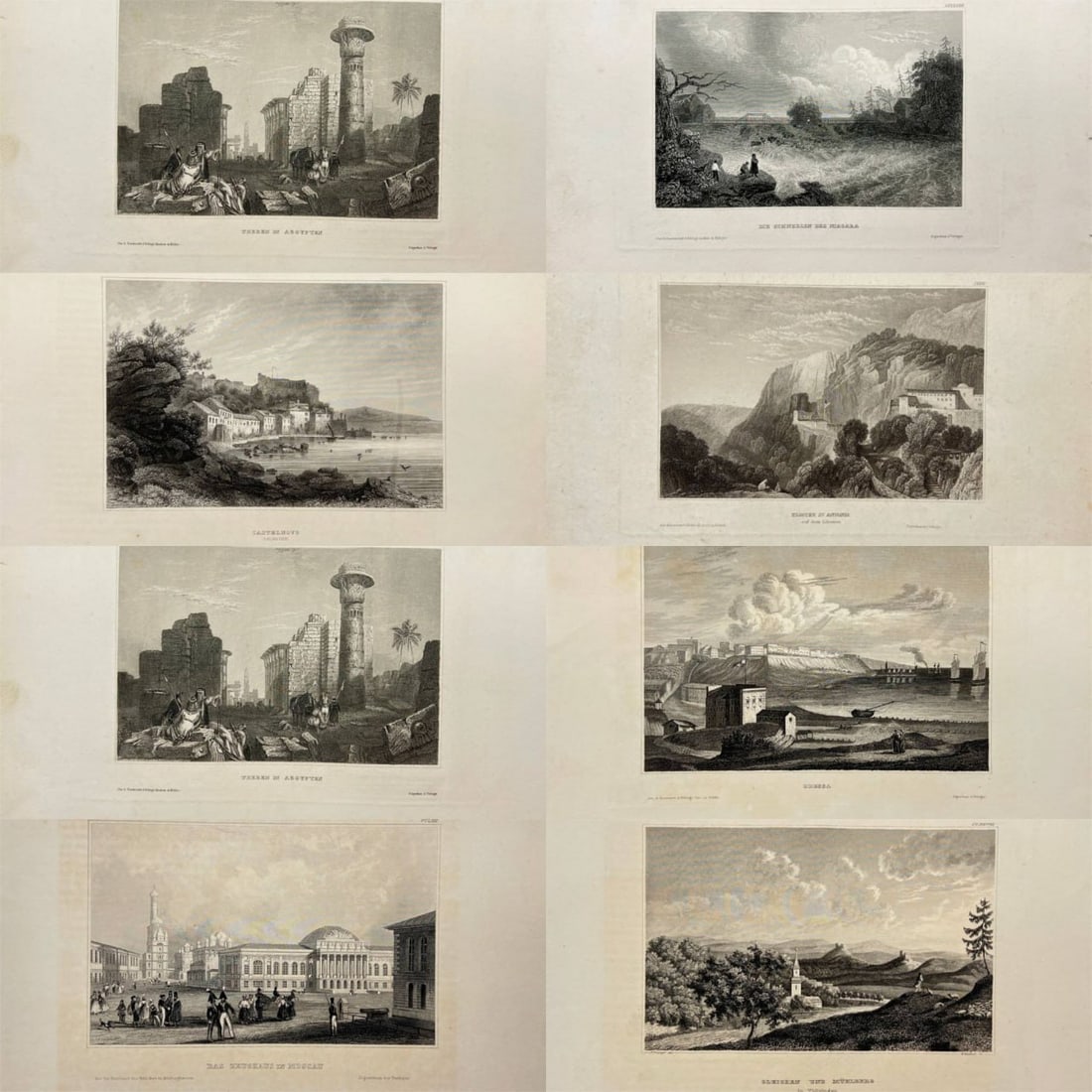 Karl Reiss & Baylis Allen - Set of 8 Antique Engravings – Landscape Views (c. 1830–1850): Rare set of eight original antique engravings depicting architectural and landscape views from Europe, the Middle East, North Africa, and the Americas. Subjects include Caudebec in France, the Armory