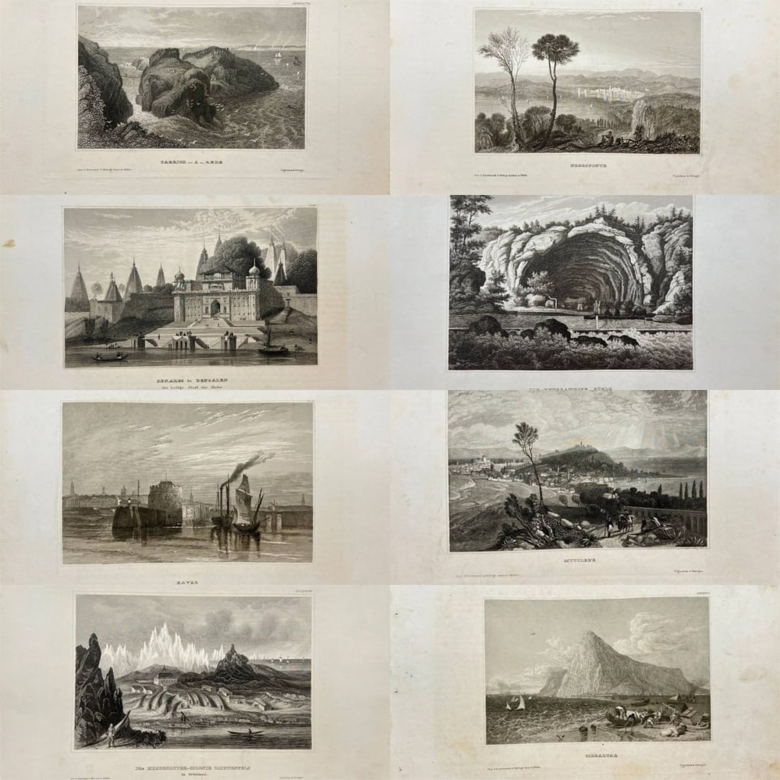 Karl Reiss – Set of 8 Views of Asia, Europe, and Greenland – Engravings (c. 1830–1850): Set of 8 original antique engravings by Karl Reiss depicting global landscapes and coastal cities, including Benares (Benabes) in Bengal, the Holy City of the Hindus; the Herrenhuter colony Lichtenfel