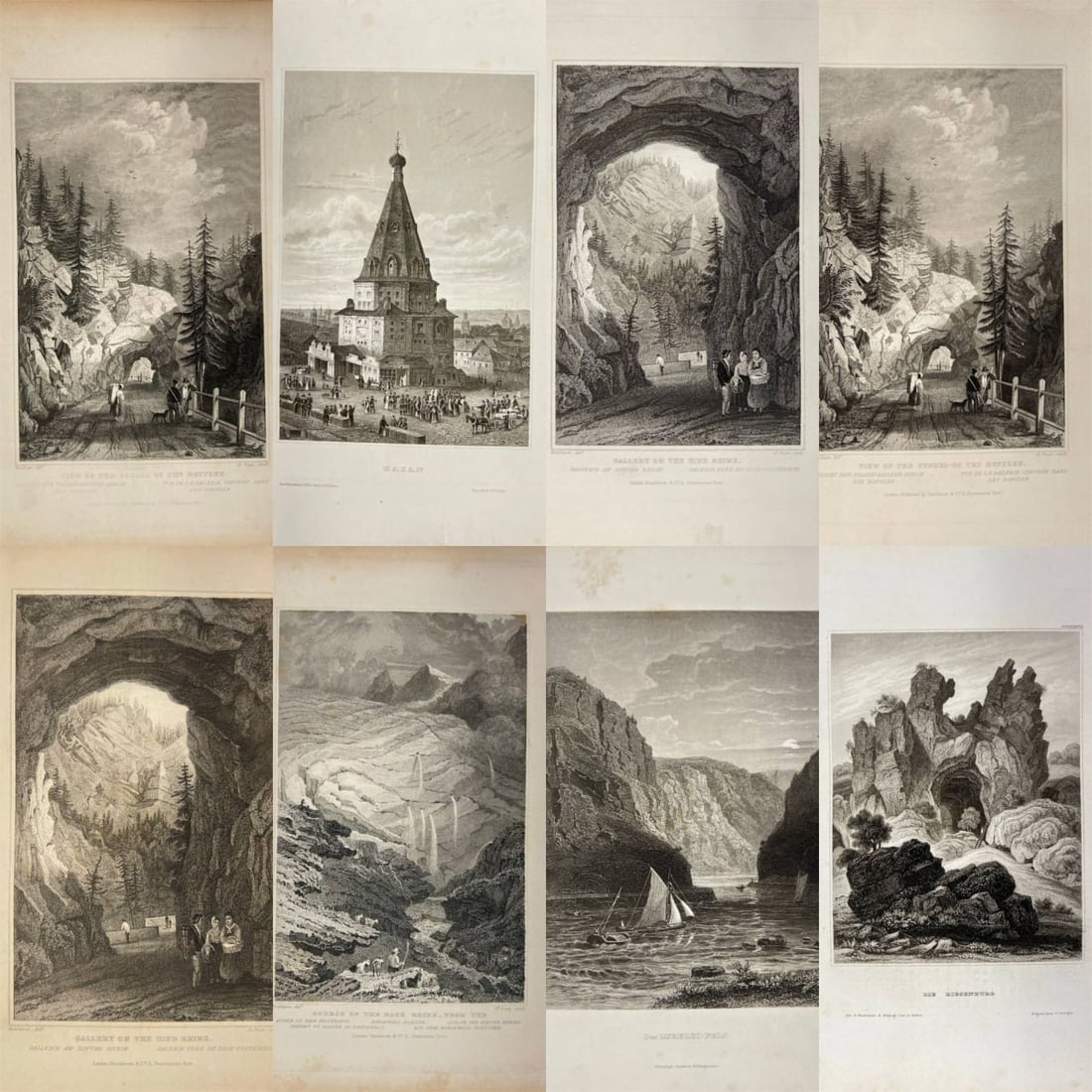 Set of 8 Antique Engravings – Views of Germany – Various Artists – Engravings and Lithographs: A curated set of eight original antique engravings and lithographs depicting landscapes, architecture, and river scenes of 19th-century Germany, including views of the Lurelei Rock, Rofflen Tunnel, an