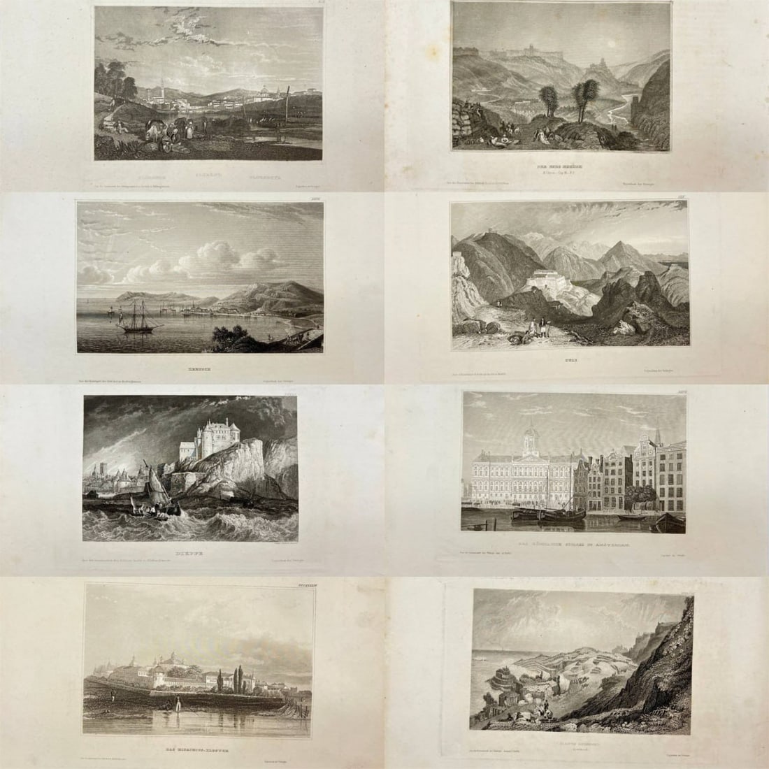 Karl Reiss – Set of 8 Views of Europe and the Near East – Engravings (c. 1830–1850): Set of 8 original antique engravings by Karl Reiss featuring European and Near Eastern landmarks and landscapes. The collection includes views of Kerch in Crimea, Dieppe in France, Florence in Italy, 