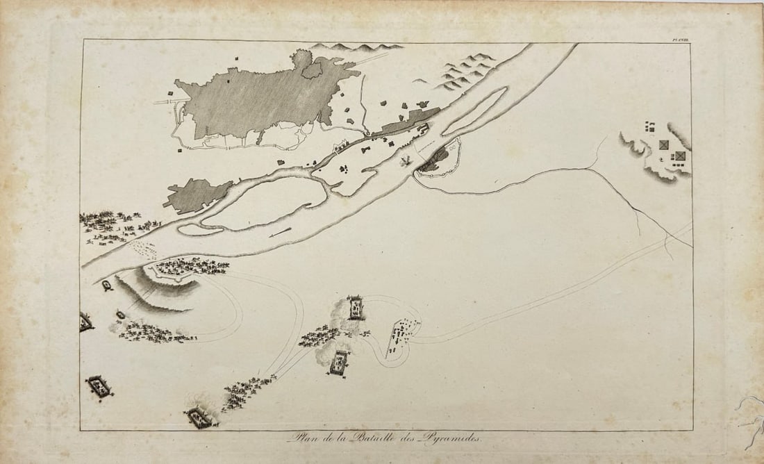 Dominique Vivant Denon – Pyramid Battle Plan – Engraving (1809): Engraving titled Man de la Bataille des Pyoumedes, depicting the troop formations and terrain surrounding the Battle of the Pyramids in 1798 during Napoleon’s Egyptian campaign. Published in Voyage