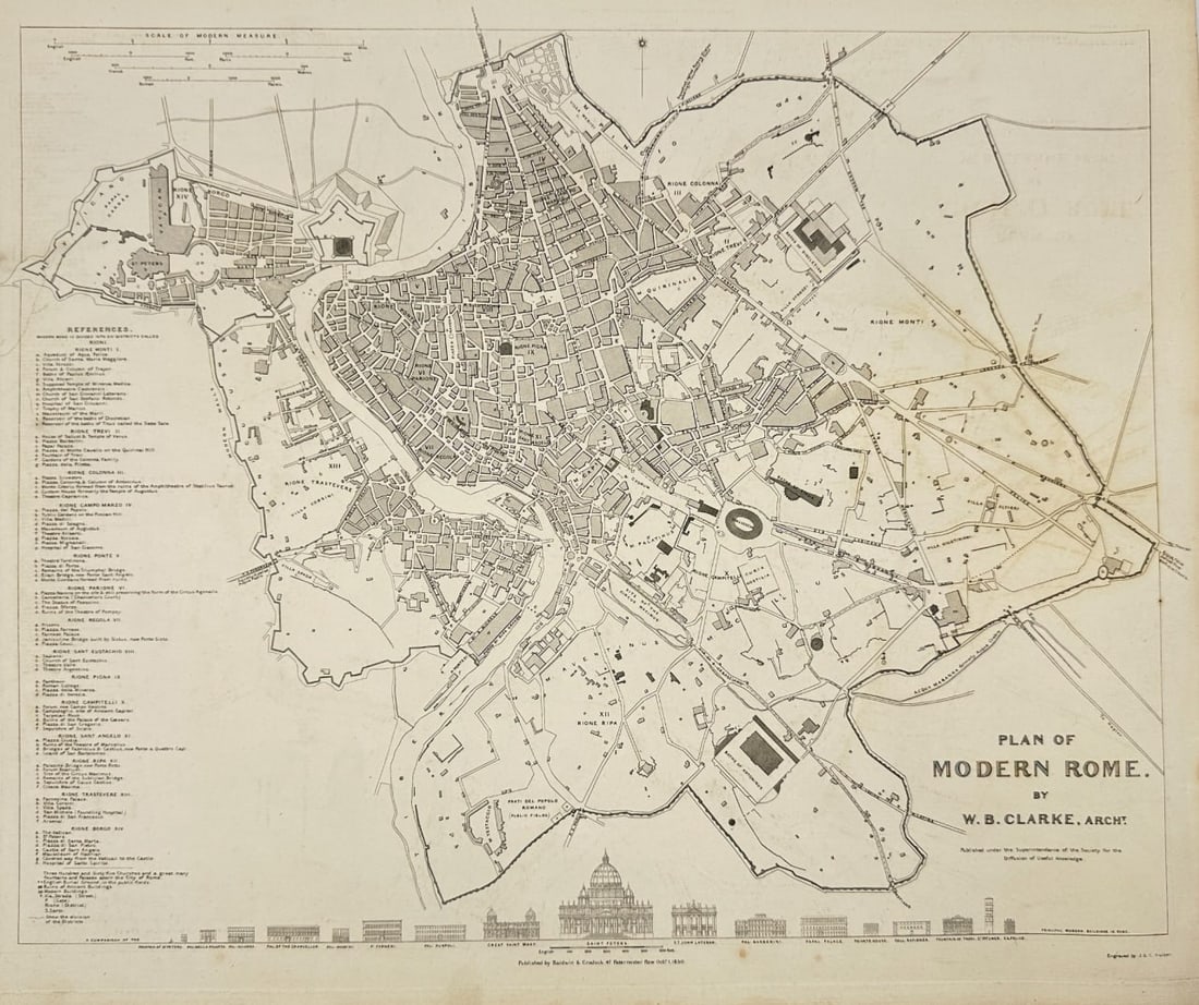 William Barnard Clarke (1806–1865), Engraved by J & C Walker – Plan of Modern Rome – Steel: This detailed steel engraving map of Modern Rome was created by architect and cartographer William Barnard Clarke and engraved by J & C Walker. Published by Baldwin & Cradock in 1830 as part of the So