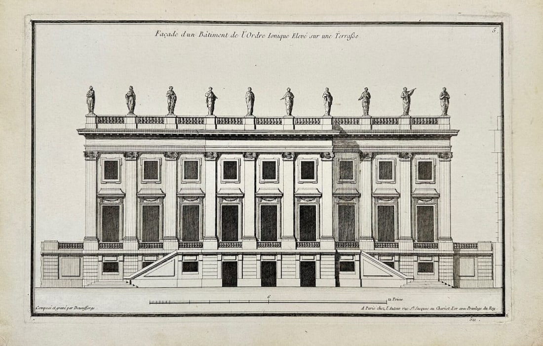 Jean-François de Neufforge (1714–1791) – Architectural Engraving – Façade in Doric Order –: This antique architectural engraving from Jean-François de Neufforge’s Recueil Élémentaire d’Architecture, published in Paris in 1770, depicts a building façade in the Doric order. The plate h