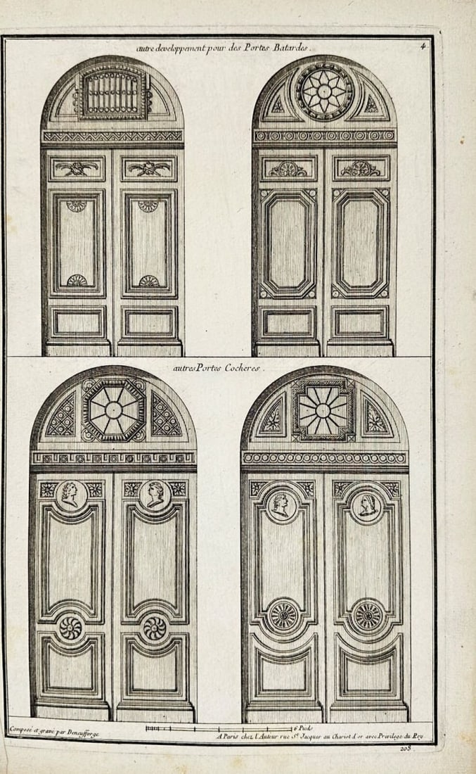 Jean-François de Neufforge (1714–1791) – Architectural Print – Joinery Door Design No. 2: This antique architectural print from Jean-François de Neufforge’s Recueil Élémentaire d’Architecture, published in Paris in 1770, presents a second detailed design of a joinery door. The plate