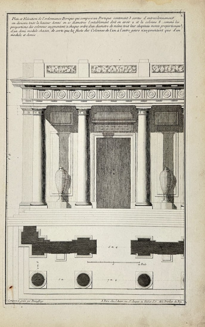 Jean-François de Neufforge (1714–1791) – Architectural Print – Portico Plan Study No. 2 –: This antique architectural engraving from Jean-François de Neufforge’s Recueil Élémentaire d’Architecture, published in Paris in 1770, presents a second detailed portico plan emphasizing precis