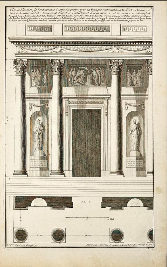 Jean-François de Neufforge – Architectural Engraving – Sectional View of a Triumphal Gate: This antique architectural engraving by Jean-François de Neufforge offers a detailed sectional view of a triumphal gate, complete with dimensions, structural components, and elaborate ornamentation.