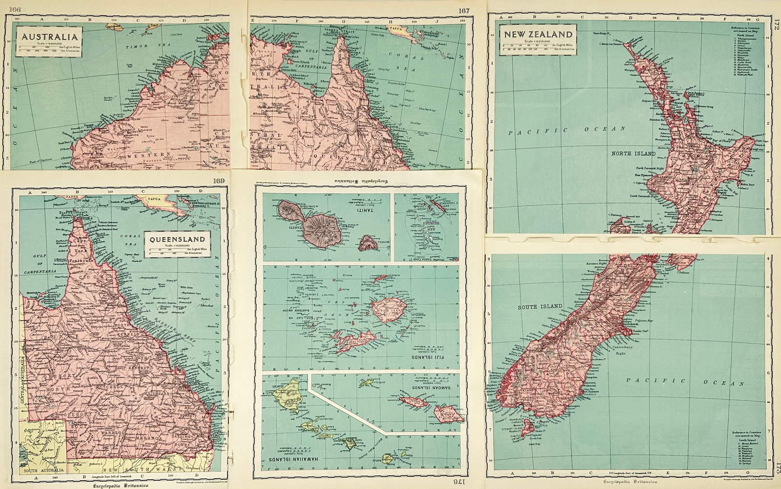 Encyclopædia Britannica – Set of Antique Maps – Australia, New Zealand, Pacific, South America: This set includes antique maps published by Encyclopædia Britannica around the mid-20th century, covering detailed views of Australia and Oceania, as well as selected regions of the Pacific and South