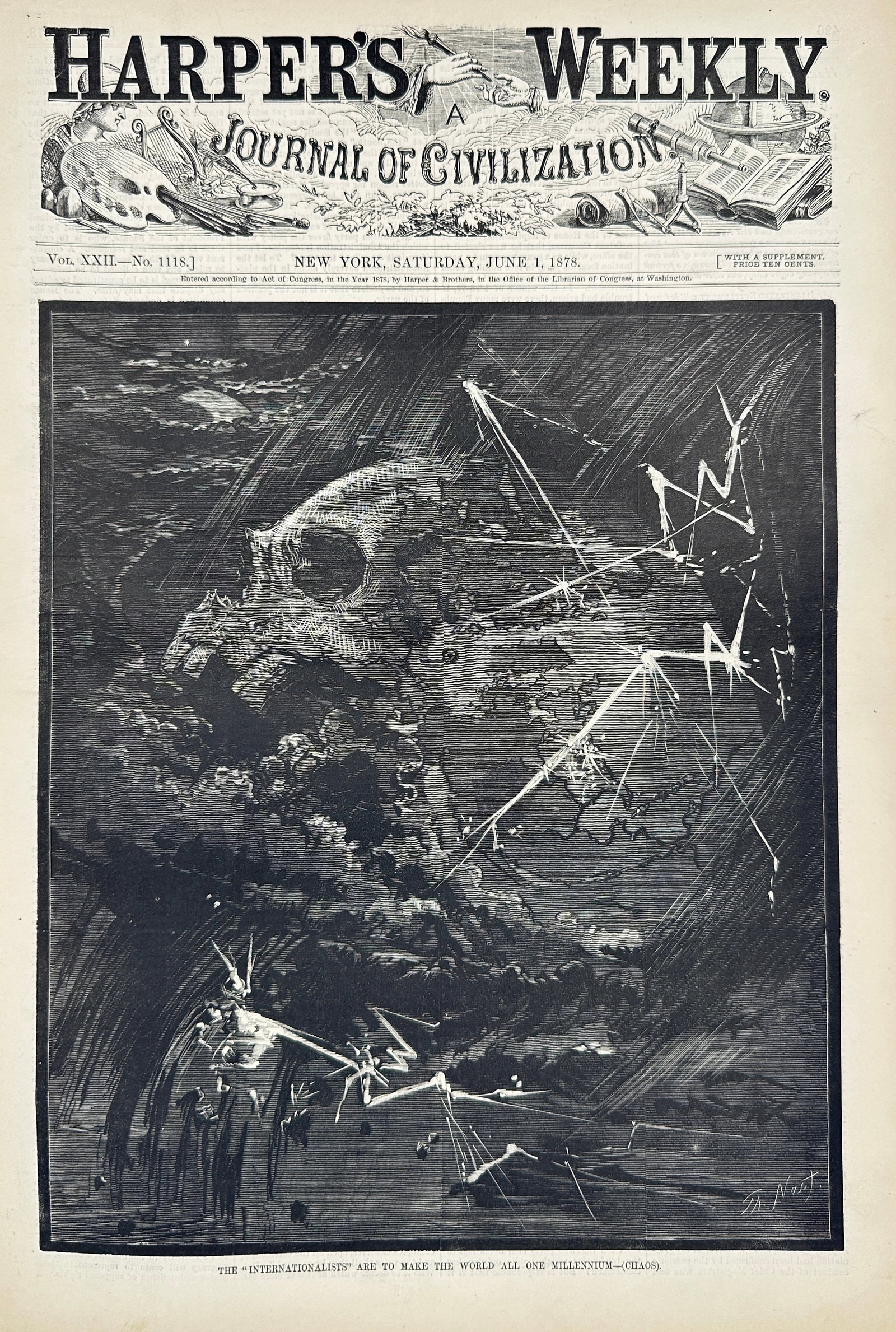 Thomas Nast – The “Internationalists” Aim to Make the World All One Millennium – Wood: This striking full-page wood engraving by Thomas Nast was published on the cover of Harper’s Weekly on June 1, 1878. Titled The “Internationalists” Aim to Make the World All One Millennium �
