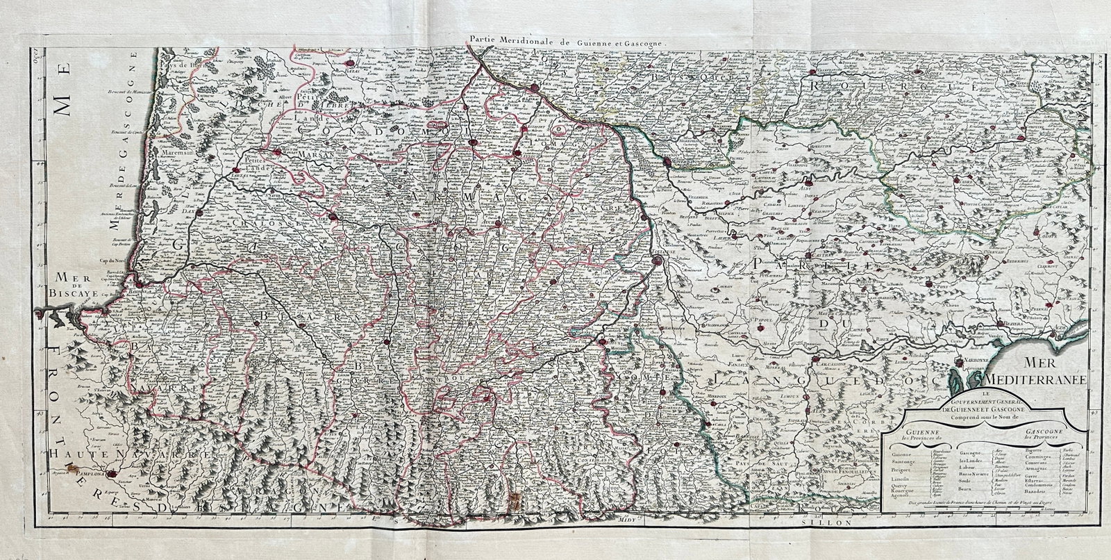 Nicolas Sanson – Southern Part of Guyenne and Gascony – Hand-Colored Map of France: Fine antique map engraved by Jean Somer and published in Paris by Nicolas Sanson, Royal Geographer to the King. This detailed copperplate engraving presents the southern provinces of France—Guyenne 