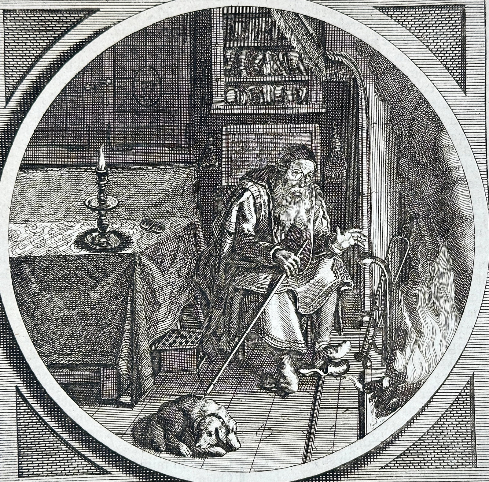 Jan Luyken – Old Age – Allegorical Moral Engraving from a Dutch Emblem Book: This detailed allegorical engraving by Jan Luyken shows an elderly man seated by the fireplace, leaning on a cane with a dog resting at his feet. The warm interior, with shelves of pottery and a burni