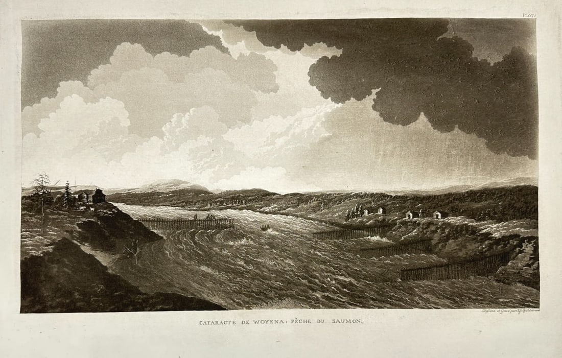 Anders Fredrik Skjöldebrand (1757–1834) – Cataract of Woyena: Salmon Fishing: This atmospheric engraving depicts the cataract of the Woyena River, renowned for its rich salmon fishing grounds. Created by Anders Fredrik Skjöldebrand, a Swedish nobleman, military officer, artist