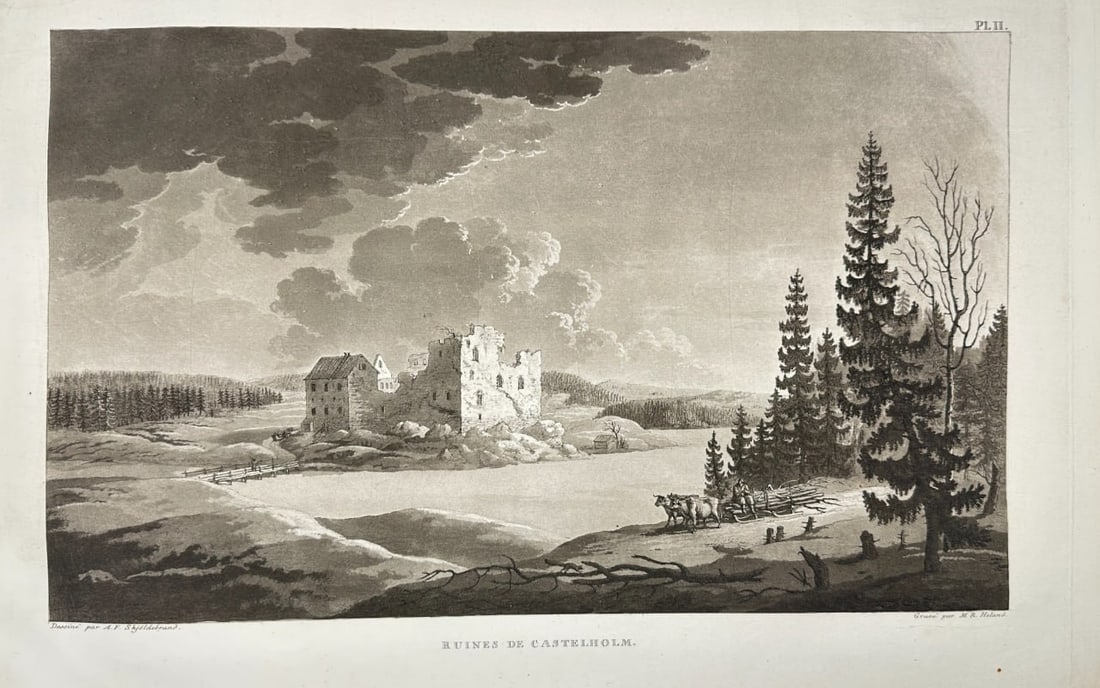 Anders Fredrik Skjöldebrand – Ruins of Castelholm – Engraving (1801–1802): This captivating engraving, titled Ruins of Castelholm, was created by Anders Fredrik Skjöldebrand as part of his visual documentation of Nordic landscapes during the early 19th century. Published be