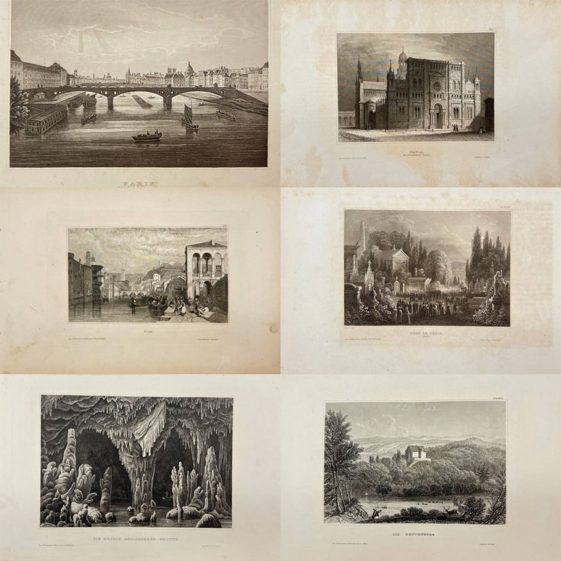 Karl Reiss – Set of 6 Engravings – Paris, Pisa, Pavia, Bettenburg, Adelsberg Grotto (1 of 7)