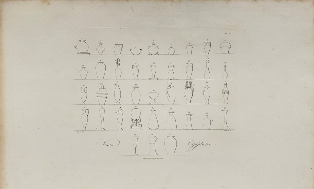 Dominique Vivant Denon – Egyptian Pottery (Suses, Exppptrons) – Engraving: This original antique engraving by Dominique Vivant Denon depicts Egyptian pottery, titled "Suses, Exppptrons," and comes from his celebrated work “Voyage dans la Basse et la Haute Égypte, pendant