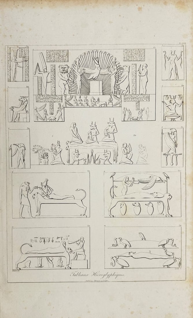 Dominique Vivant Denon – Tablet with Hieroglyphics – Engraving from Voyage: This antique engraving by Dominique Vivant Denon depicts a tablet inscribed with Egyptian hieroglyphics, titled "Tablenme Hüroglyphagus," and is from his monumental work “Voyage dans la Basse et la