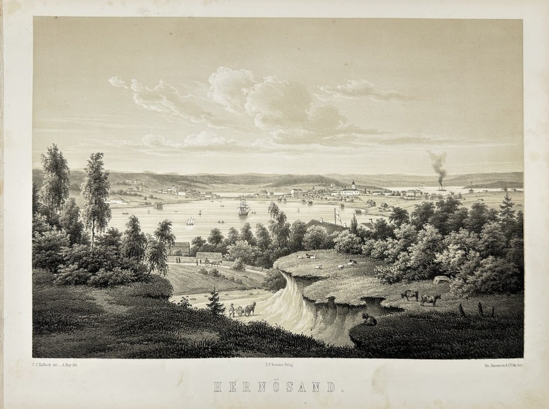 Alexander Nay and Johan August Berg – Härnösand, Sweden – Steel Engraving: This steel engraving by Alexander Nay and Johan August Berg shows a detailed view of Härnösand in Sweden and comes from their topographical work “Sverige Framstäldt i Taflor” (Sweden Depict