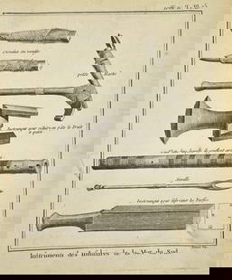 Johann Sebastian Klauber (1710–1768) – Outils des Insulaires de la Mer du Sud – Etching, 18th: Ethnographic etching depicting tools used by the indigenous peoples of the South Sea Islands, including knives (couteaux), axes, flutes, needles, and wood-carving implements. The detailed composition