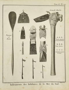 Johann Sebastian Klauber – Instruments des Insulaires de la Mer du Sud – Etching: Engraved ethnographic plate showing indigenous tools from the South Sea Islands, including large axes, adzes, paddles (pagaye ou rame), and skin-piercing instruments. This detailed composition, labele