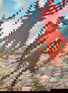 Alexander Calder (1898–1976) – Original Lithograph of Outdoor Stabiles, 1974: This vibrant original lithograph by Alexander Calder, created in 1974, captures an installation of dynamic, large-scale stabiles set in an open, cobblestone-paved landscape. The bold, silhouetted figu