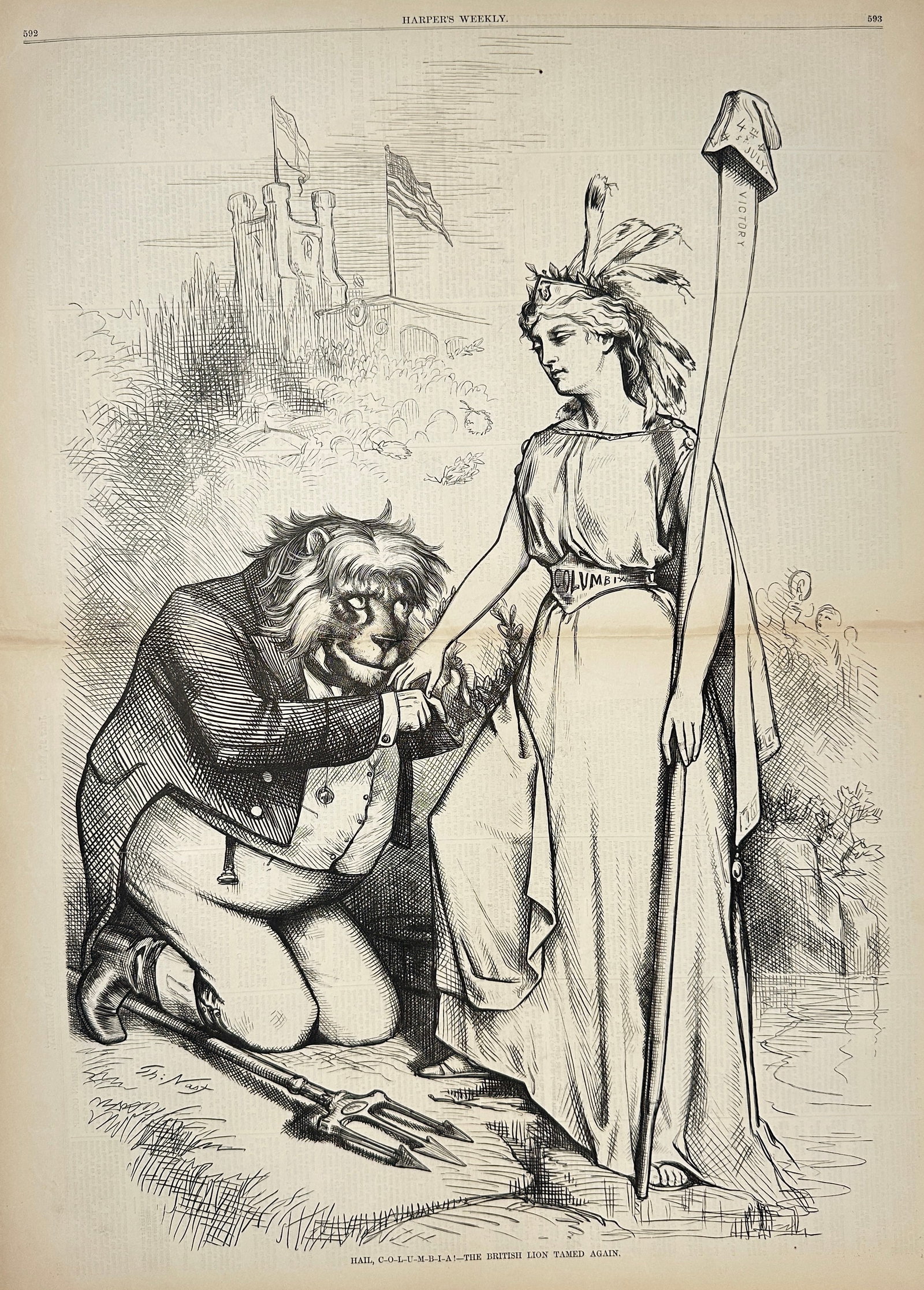Thomas Nast – Hail: The British Lion Tamed Again – Original Wood Engraving from Harper’s (1 of 3)