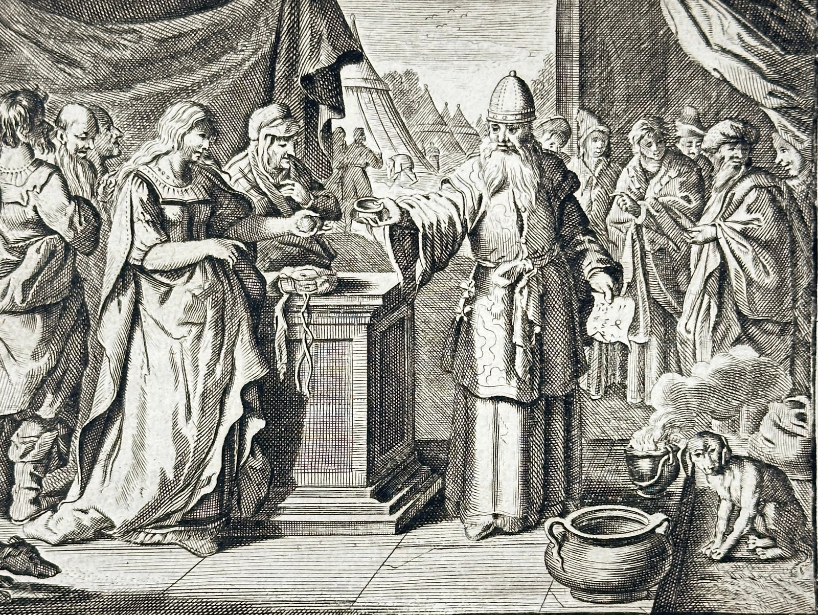 Jacob Cats (1577–1660) – Offering Before the Priest – Engraving (1700): Engraving from the 1700 edition of Alle de Wercken by Jacob Cats, depicting a solemn biblical or moral scene in which a woman presents an offering before a priest, surrounded by observers and ritual e