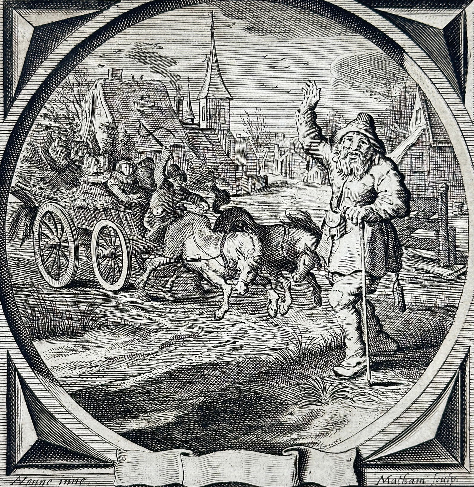 Jacob Cats – Christian Reflections: The Old Whoremaster and the Crack of the Whip – Engraving: This moralistic engraving from Alle de Wercken by Jacob Cats (1700) illustrates the proverb “Een oudt hoer-man hoort geerne 't geklap van de sweep” ("An old whoremaster still delights in the c
