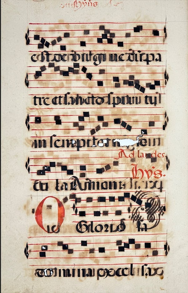 Unknown – Illuminated Antiphonary Leaf – Hymns and Antiphons for Saints – Manuscript on Vellum (1 of 2)
