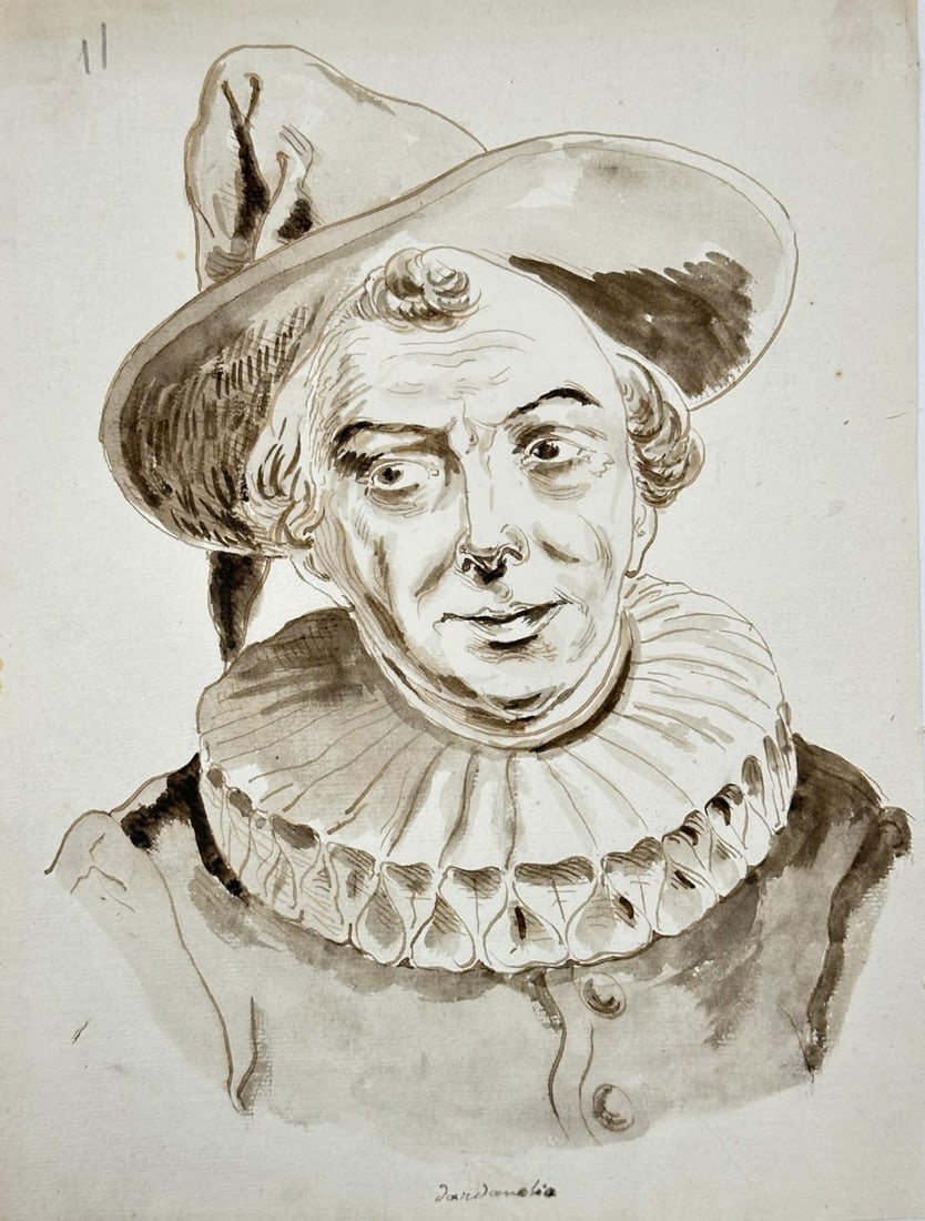 European School – Portrait of a Comic Actor in Ruff and Hat – Ink Drawing (19th Century): Original 19th-century ink and wash drawing depicting a theatrical bust portrait of a comic actor wearing a broad-brimmed hat and a pleated ruff collar. The lively expression and exaggerated features r