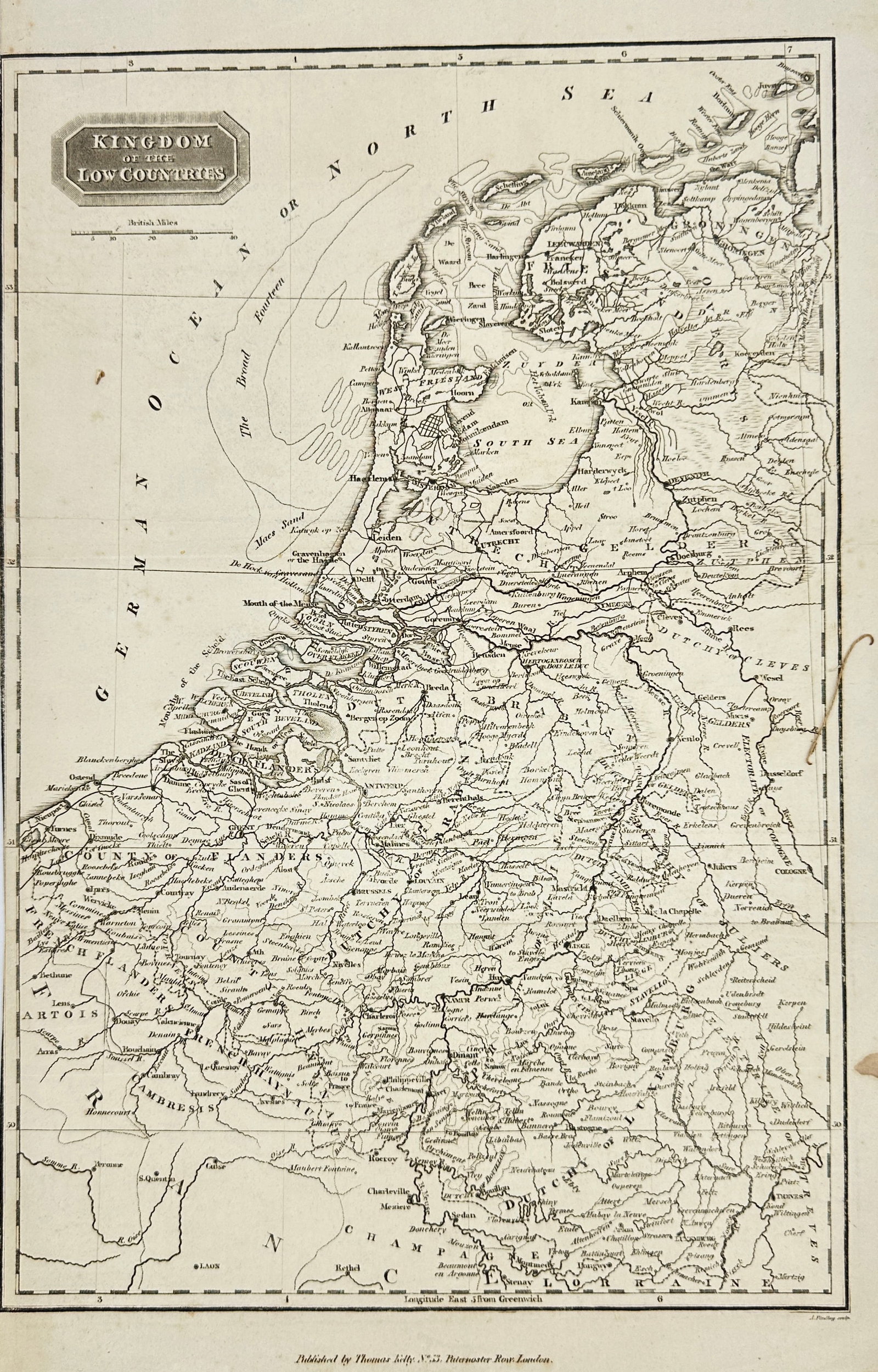Thomas Kelly – Kingdom of the Low Countries – Engraving – Early 19th Century: This finely detailed engraving by Thomas Kelly depicts the Kingdom of the Low Countries, showing the intricate geography and political divisions of the region including present-day Belgium, the Nether