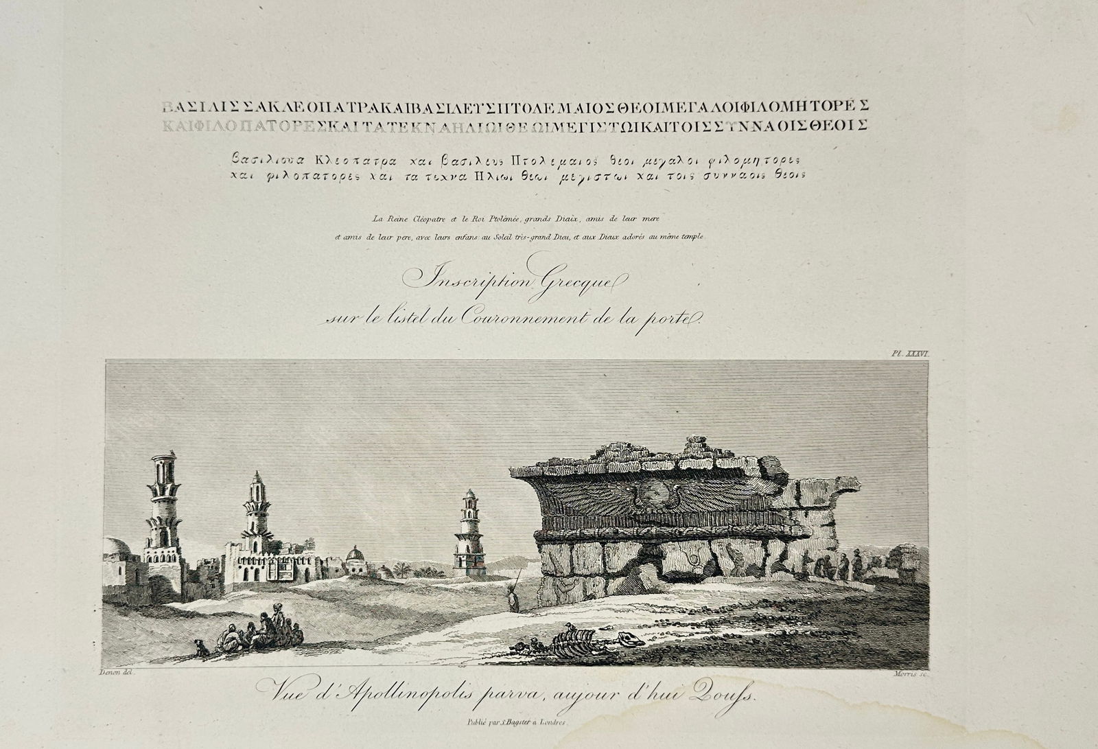 Dominique Vivant Denon (1747–1825) – View of Apollinopolis Parva, Today Doufs – Engraving: This engraving depicts a view of Apollinopolis Parva, known today as Doufs, featuring ancient ruins and architectural details. Dominique Vivant Denon, a French artist, writer, and archaeologist, docum