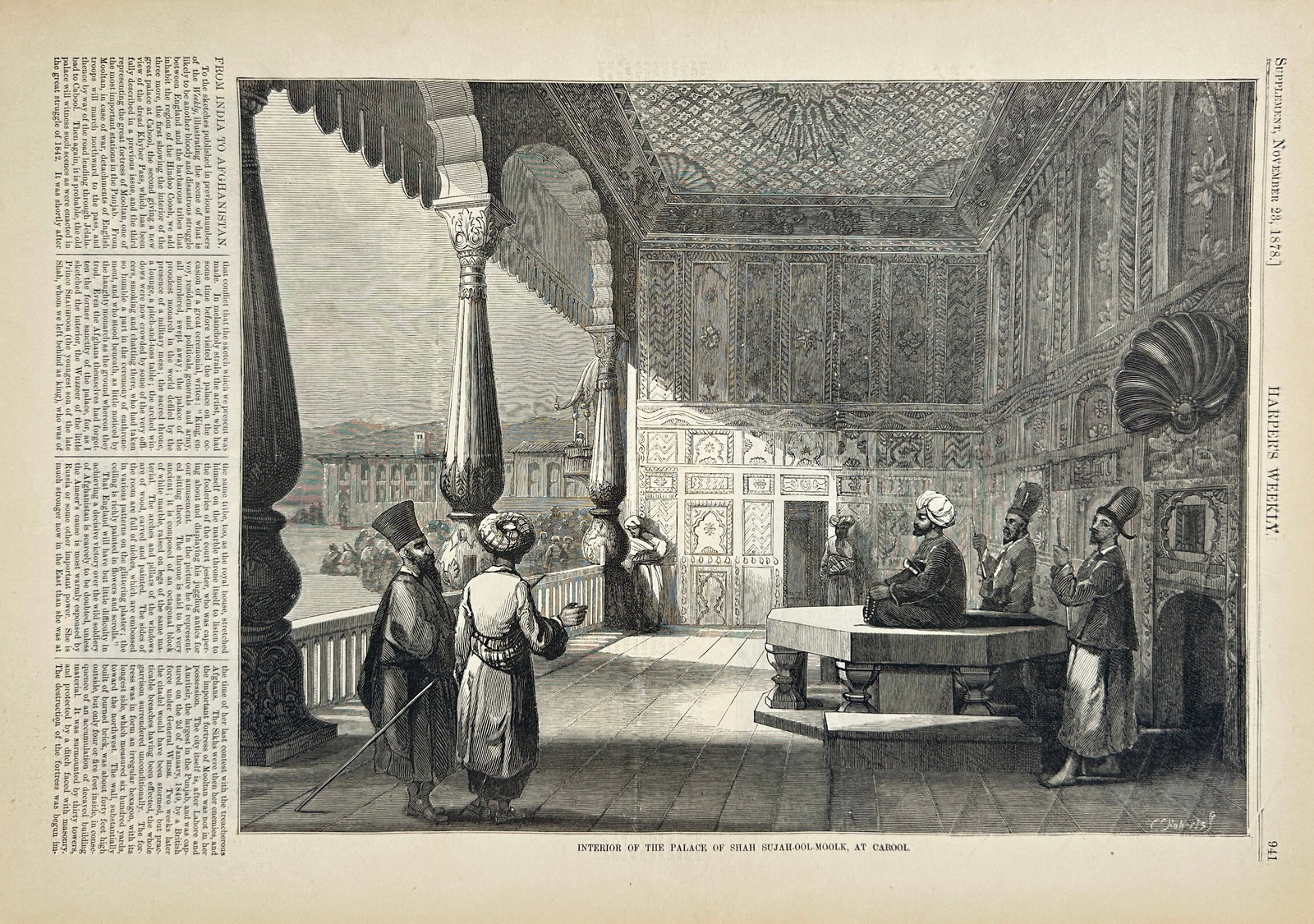 Harper’s Weekly – Interior of the Palace of Shah Suja-ul-Moolk, at Cabool – Wood Engraving: This detailed wood engraving, published in Harper’s Weekly on November 23, 1878, depicts the opulent interior of the palace of Shah Shuja-ul-Mulk in Kabul (Cabool). The composition captures a ceremo