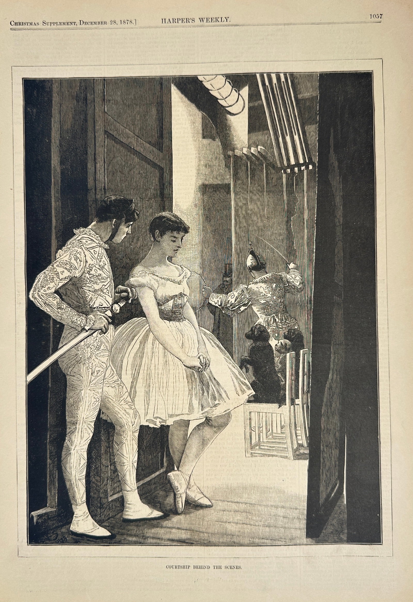 Harper’s Weekly – Courtship Behind the Scenes – Wood Engraving – 1878.: This engraving depicts a theatrical backstage scene where a young ballerina and a matador-like figure converse quietly, while a costumed performer duels in the background. The detailed wood engraving 
