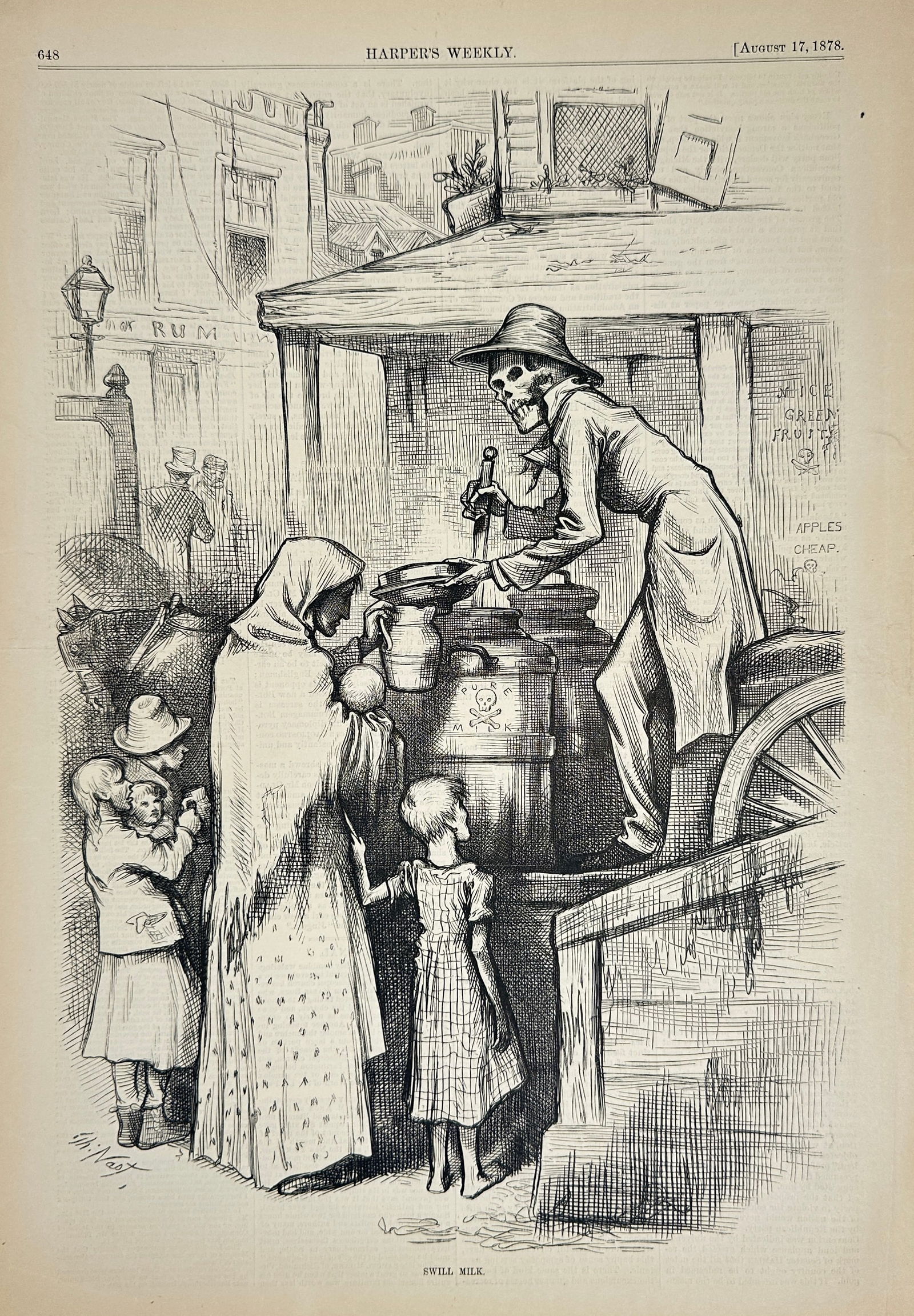 Thomas Nast – Swill Milk – Wood Engraving (1878): This stark and haunting wood engraving by Thomas Nast, published in Harper’s Weekly on August 17, 1878, delivers a powerful critique of contaminated milk production in New York City. Titled Swill Mi