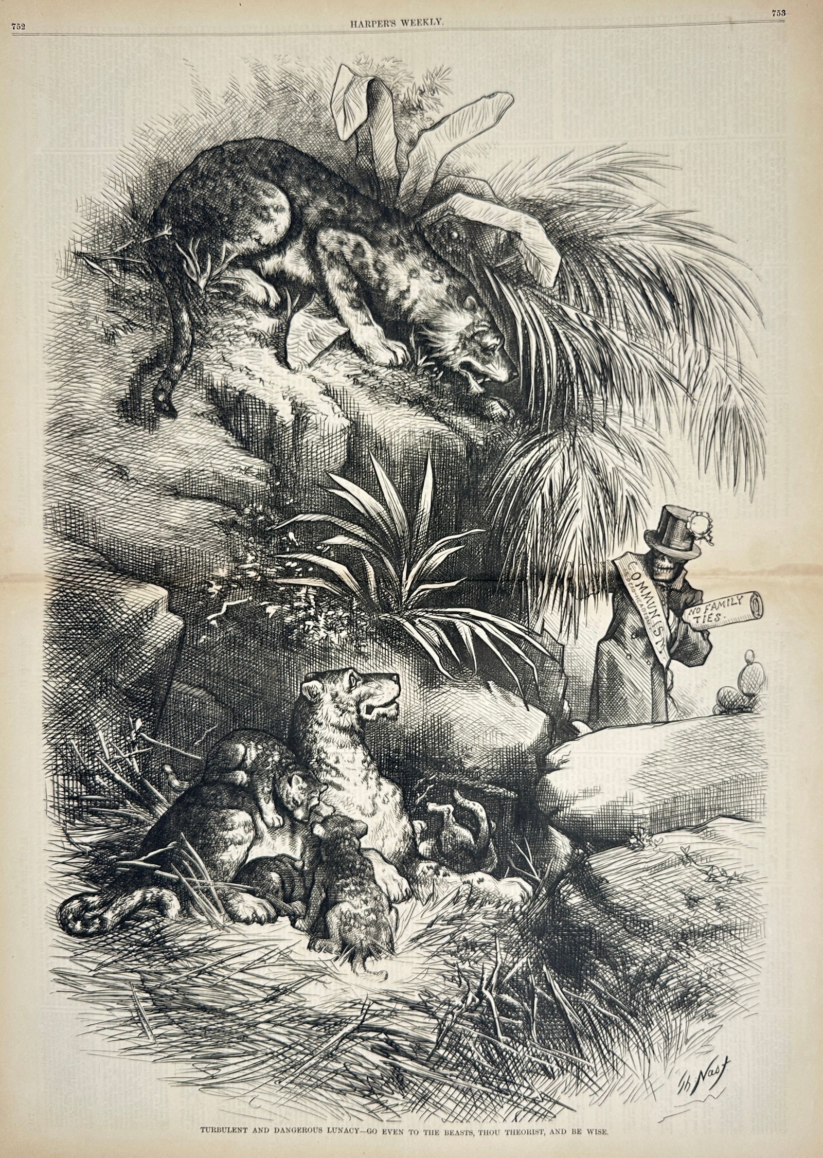 Thomas Nast – Turbulent and Dangerous Lunacy – Wood Engraving (1878): This political cartoon by Thomas Nast, published in Harper’s Weekly in 1878, is titled Turbulent and Dangerous Lunacy – Go Even to the Beasts, Thou Theorist, and Be Wise. The illustration contrast