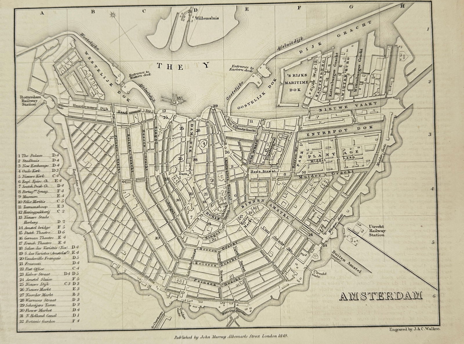 J C Walker – Map of Amsterdam – Engraving – 1849: Detailed city plan of Amsterdam showcasing streets, canals, and notable landmarks such as The Palace, Stadthuis, New Exchange, Old Church, and various theaters. Engraved by J C Walker, a distinguished