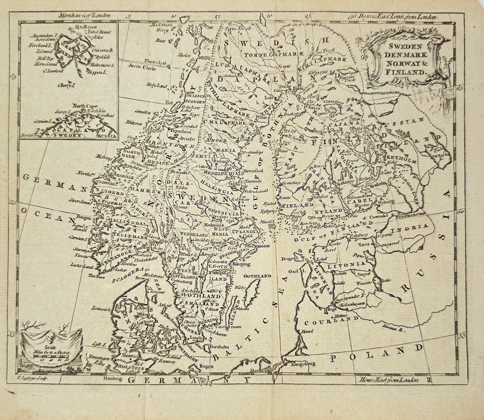 T. Kitchin – Map of Sweden, Denmark, Norway & Finland – Copperplate Engraving (Late 18th: This finely engraved map by Thomas Kitchin presents the northern territories of Europe, including Sweden, Denmark, Norway, and Finland, along with adjacent regions such as Courland, Livonia, and north