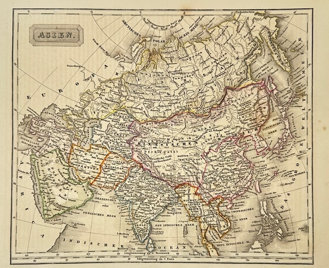 Sidney Hall – Map of Asia / Asien – Hand-Coloured Engraving (c.1830s): This original engraved map of Asia was created by Sidney Hall and published by Longman, Rees, Orme, Brown & Green in London during the 1830s. It presents the Asian continent with clearly defined terri