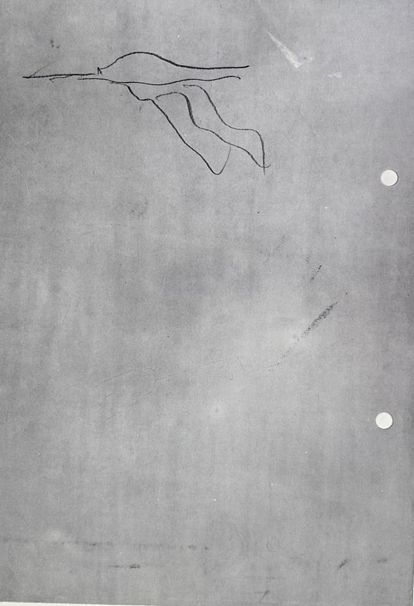 Franz Eggenschwiler (1930–2000) – Abstract Graphic with Minimalist Form – Offset Lithograph: This minimalist lithograph by Franz Eggenschwiler, part of his conceptual Ufo-Mappe series from 1970, features a ghostly grey surface with a delicate linear contour resembling a bottle and flowing fab