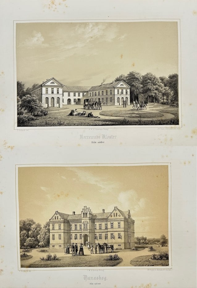 Ferdinand Richardt – Set of 2 Antique Prints – Herrewab's Monastery From the South: These chromolithographs are from Ferdinand Richardt's work ”Skånska Herregårdar (Scanian Manors)” published in Sweden, 1863. Ferdinand Richardt was a Danish-American artist known for his