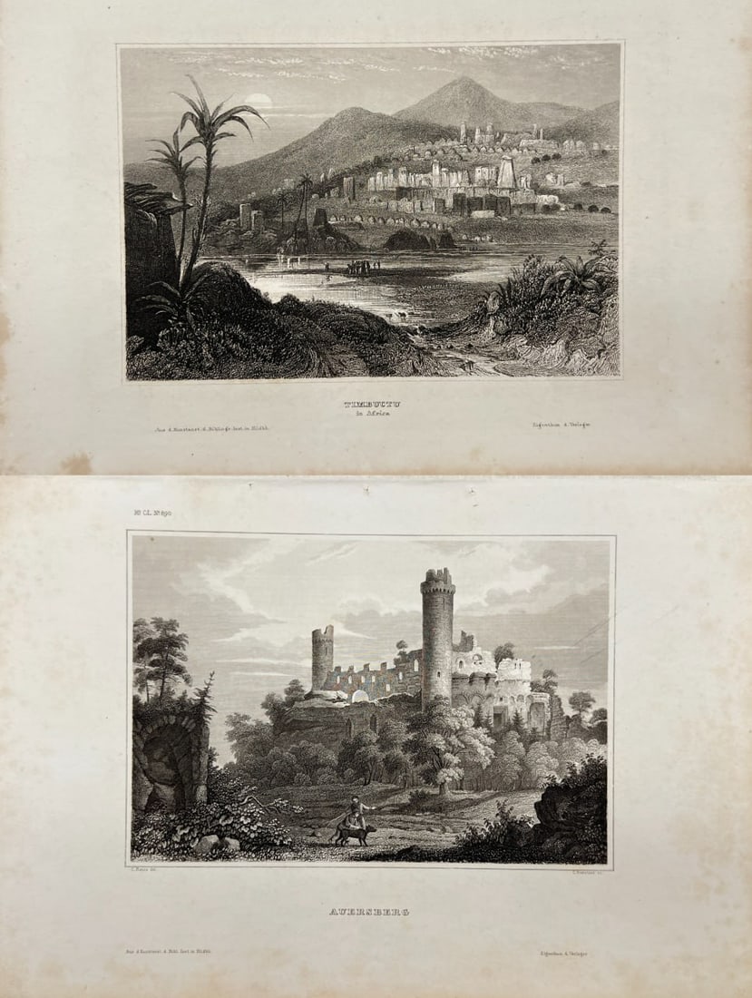 Karl Reiss – Set of 2 Original Antique Engravings – View of Auersberg and Timbuctu in Africa (1 of 3)