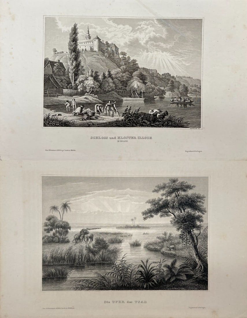 Karl Reiss – Set of 2 Antique Engravings – The Banks of the Tsad and Iloock Castle and Monastery: These antique engravings by Karl Reiss depict The Banks of the Tsad and Iloock Castle and Monastery in Hungary. Reiss was a 19th-century German artist renowned for his detailed and atmospheric landsca