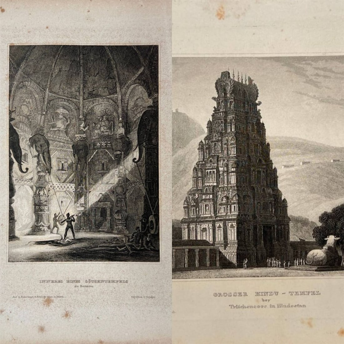 Karl Reiss – Set of 2 Original Antique Engravings – Temple of Genesa in Benares and Large Hindu: These original antique engravings by Karl Reiss depict the Temple of Genesa in Benares and a Large Hindu Temple. Karl Reiss was a 19th-century German artist known for his detailed and atmospheric land